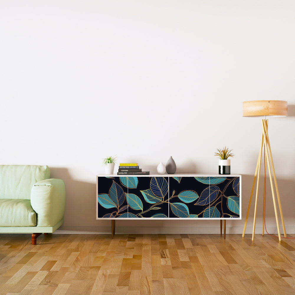 Blue With Golden Shaded Leafs Self Adhesive Sticker For Cabinet