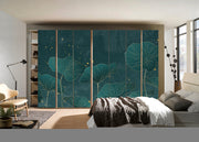 Green Lotus Leafs Painting Self Adhesive Sticker For Wardrobe