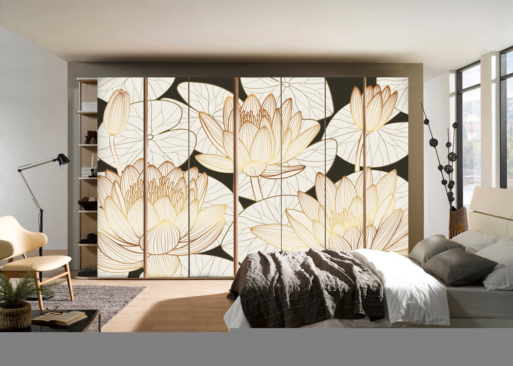 Cream Colour Lotus Painting Self Adhesive Sticker For Wardrobe