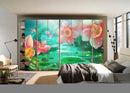 Pink Lotus In Green Lake Painting Self Adhesive Sticker For Wardrobe