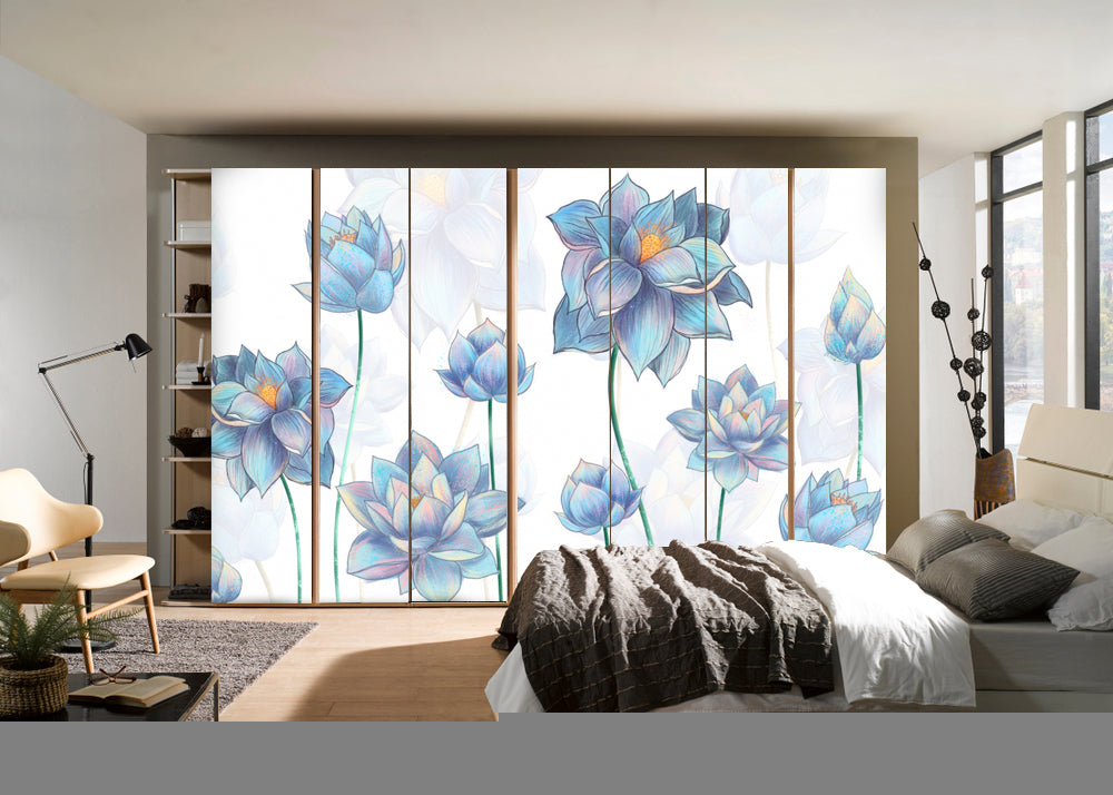 Lotus On White Background Painting Self Adhesive Sticker For Wardrobe
