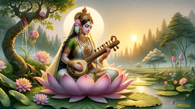 Lotus Pattern Maa Saraswati Wallpaper