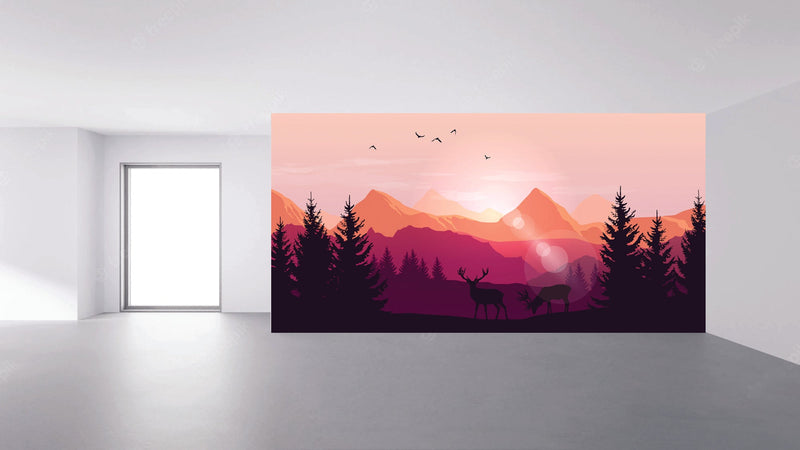 Deer and Mountain Landscape Wallpaper