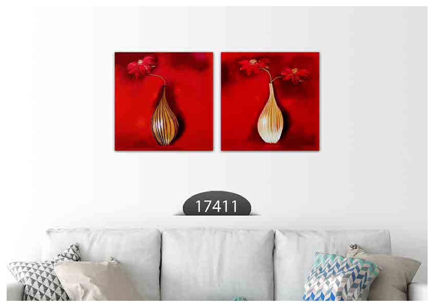 Red Vase Floral Art, Set Of 2