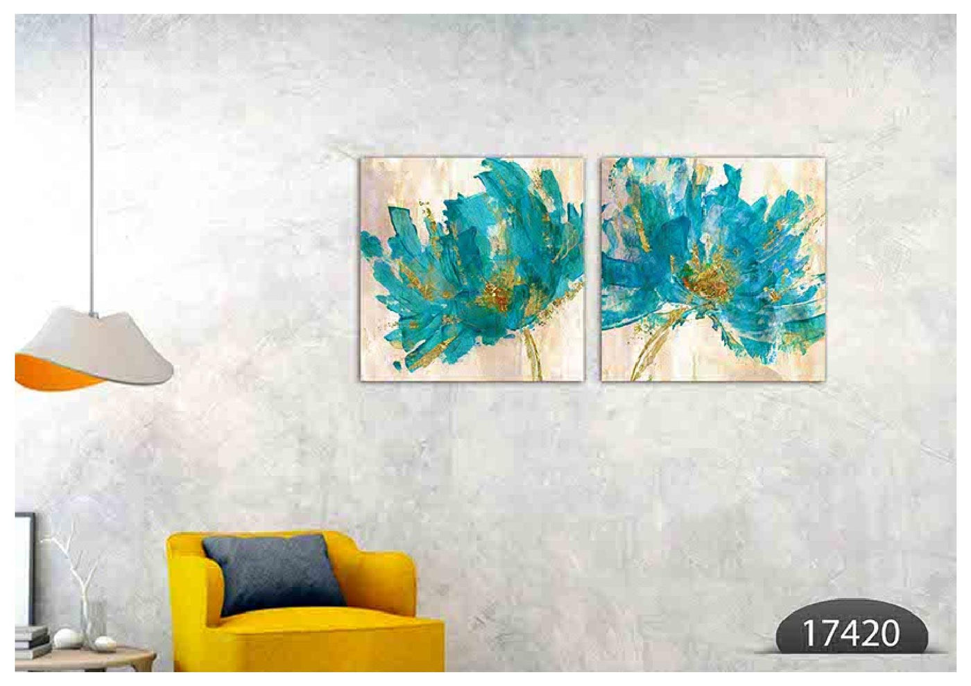 Floral Blue Golden Art, Set Of 2