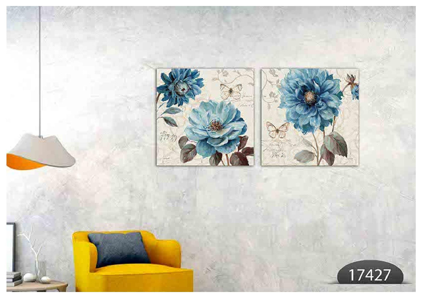 Blue Flower Butterfly Art, Set Of 2