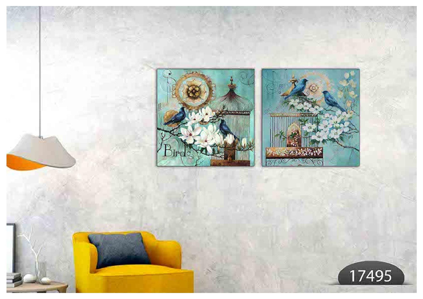 Birds Blue Cage, Set Of 2