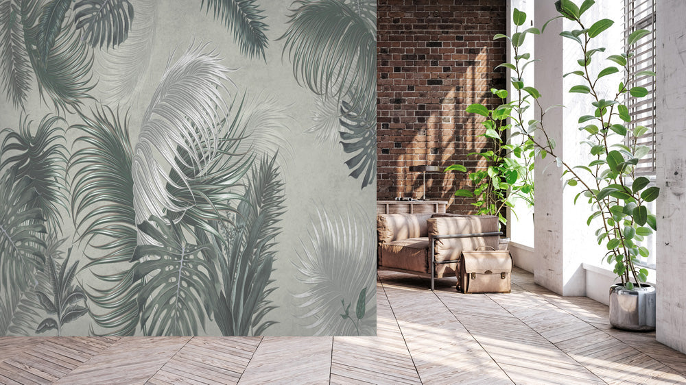Grey Mural Tropical Wallpaper