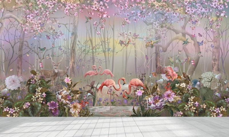 3D Beautiful Flamingos Murals Wallpaper