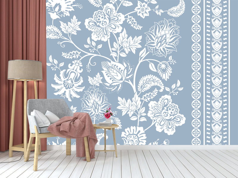 Vintage Blue White Floral Pattern Wallpaper