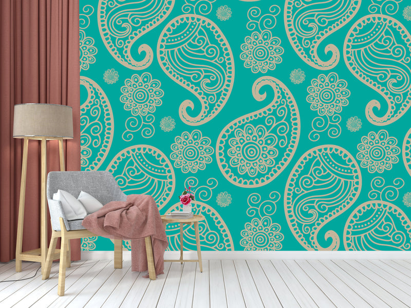 Turquoise Blue Indian Pattern Wallpaper
