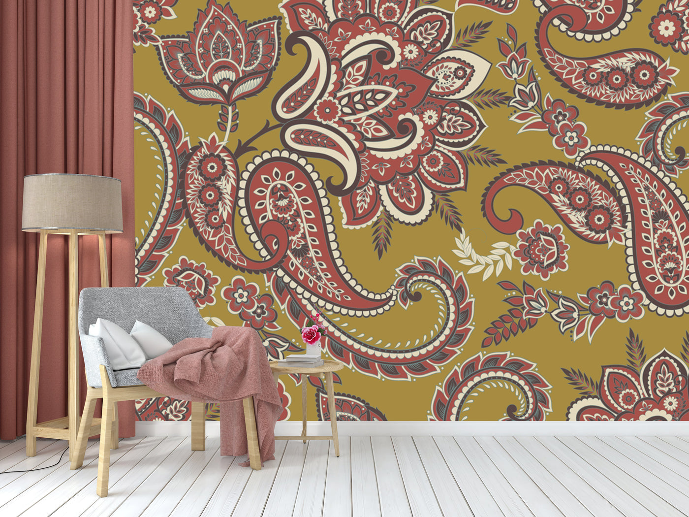 Paisley Red Yellow Pattern Wallpaper
