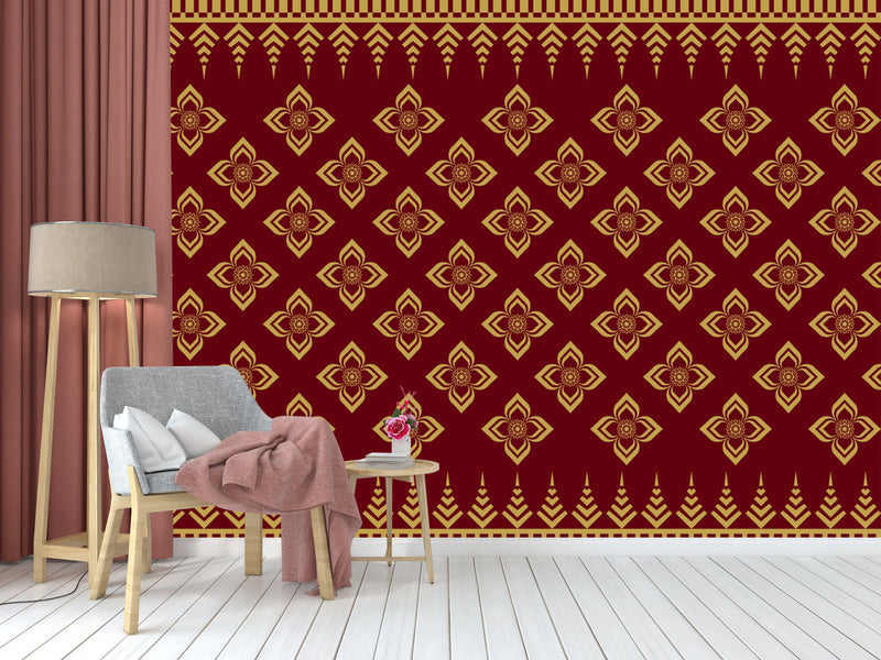 Red Golden Indian Pattern Wallpaper