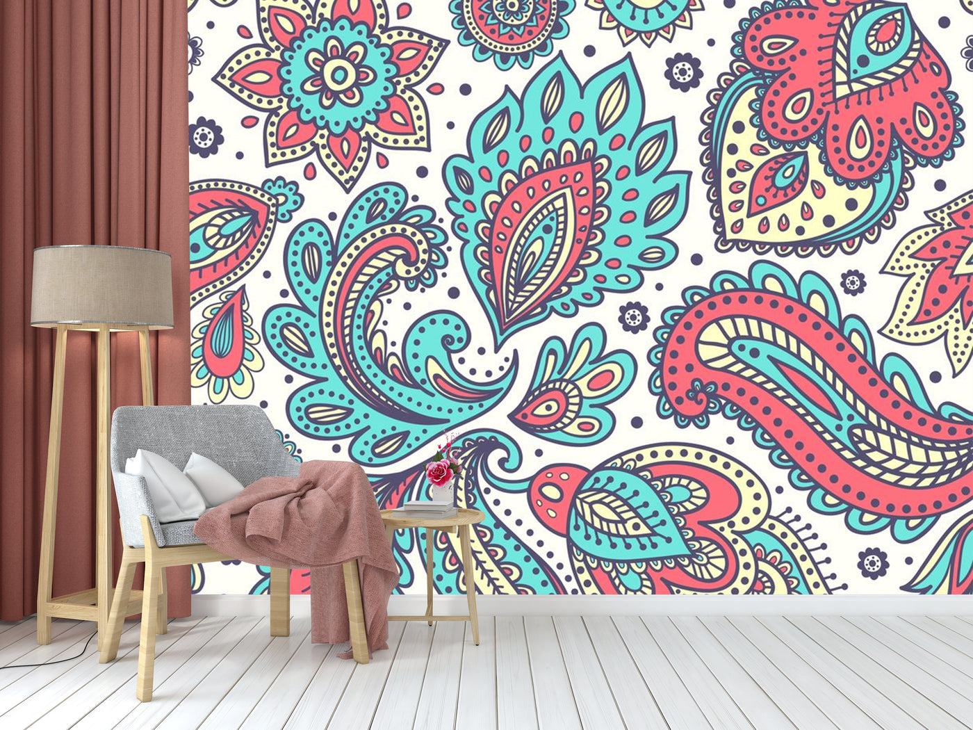 Blue Red Ethnic Pattern Wallpaper
