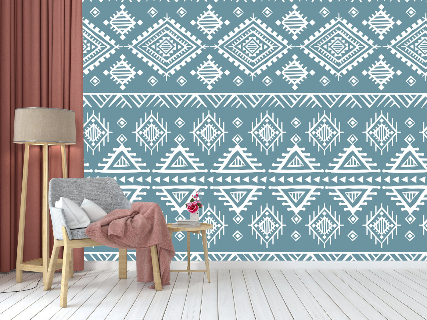 Blue White Indian Ethnic Pattern Wallpaper