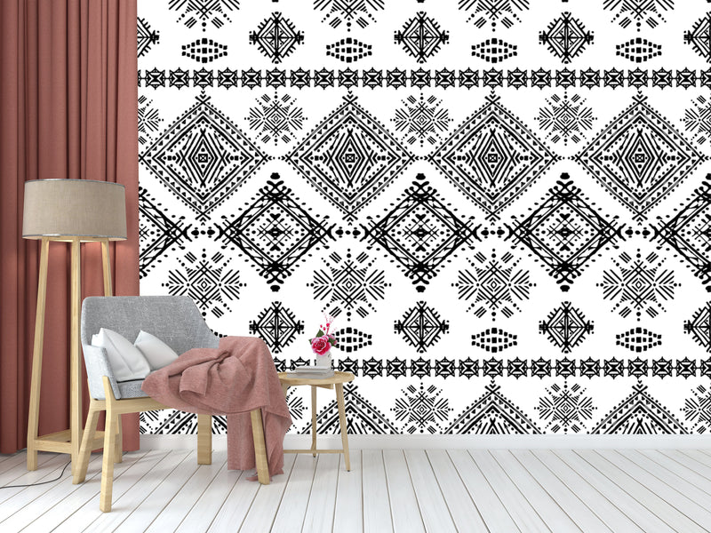 Black White Simple Indian Ethnic Pattern Wallpaper