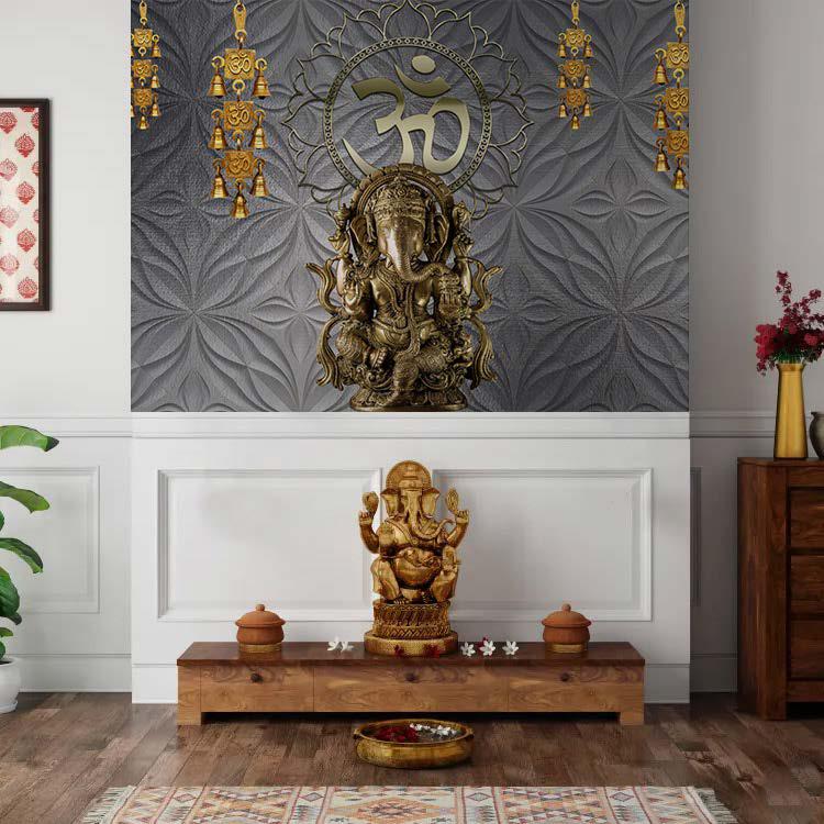 Om With Copper Ganesh Ji Pooja Room Wallpaper – Myindianthings