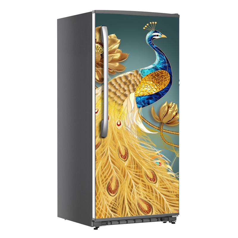 Golden feather Peacock Art Self Adhesive Sticker For Refrigerator