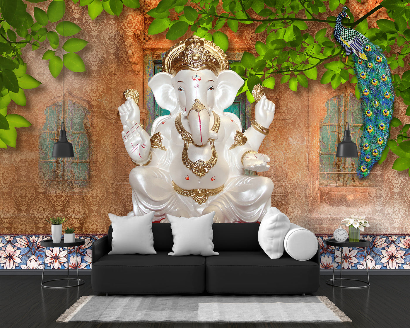 White Lord Ganesha Peacock Landscape Wallpaper