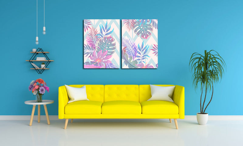 Abstract Leaf On Chevron Pattern, Set Of 2