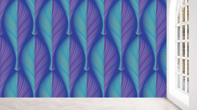 Peacock Feather On Blue Pattern Wallpaper