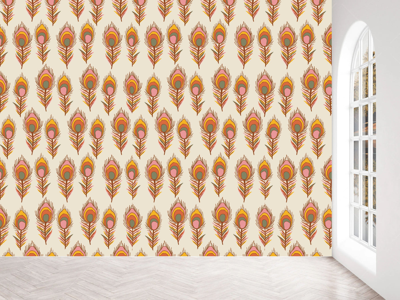 Pastel Orange Feather Peacock Pattern Wallpaper