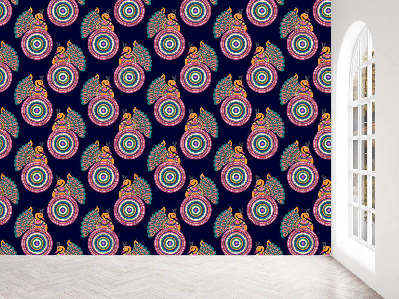 Dark Blue Peacock Pattern Wallpaper