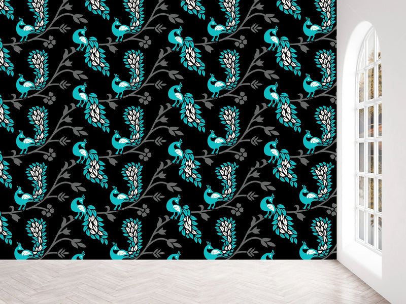 Blue and Black Peacock pattern wallpaper