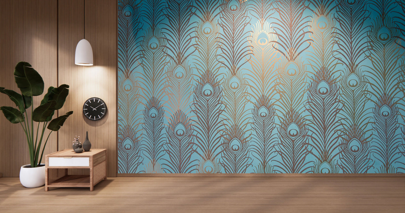 Silver Peacock Feather Blue Background Wallpaper