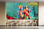 Radha Playing Flute With Krishna Wallpaper