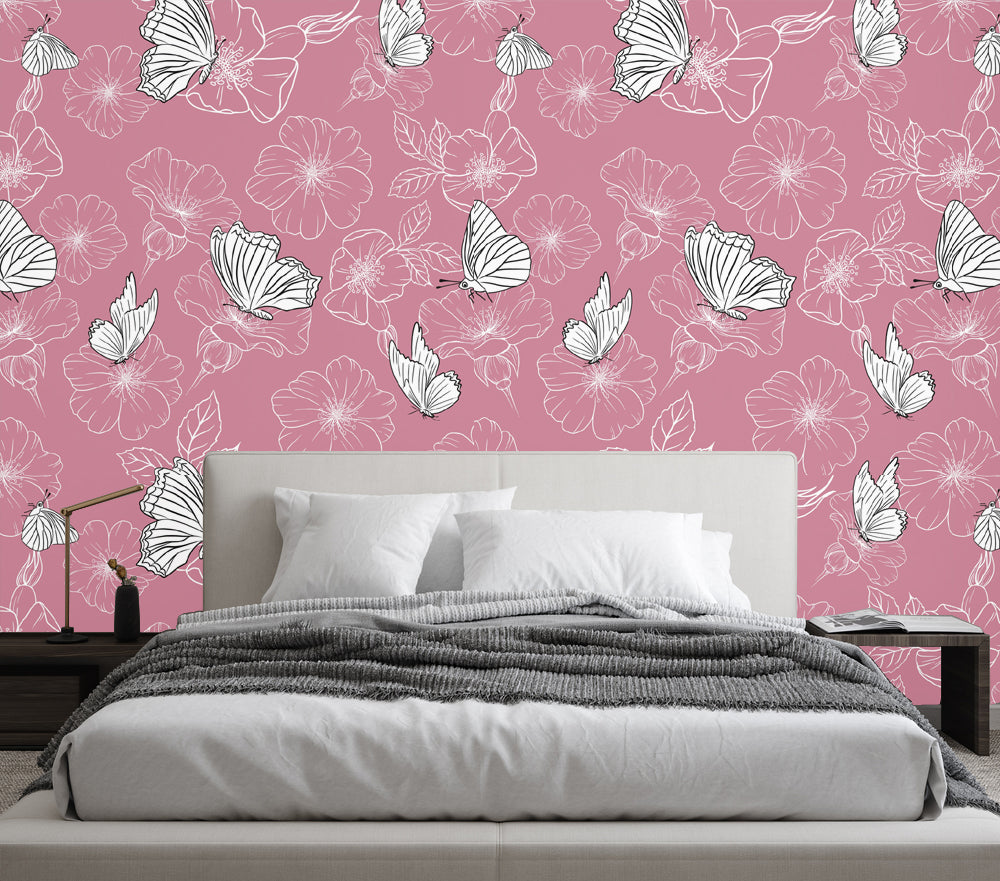 Pink floral and Butterfly Abstract Wallpaper