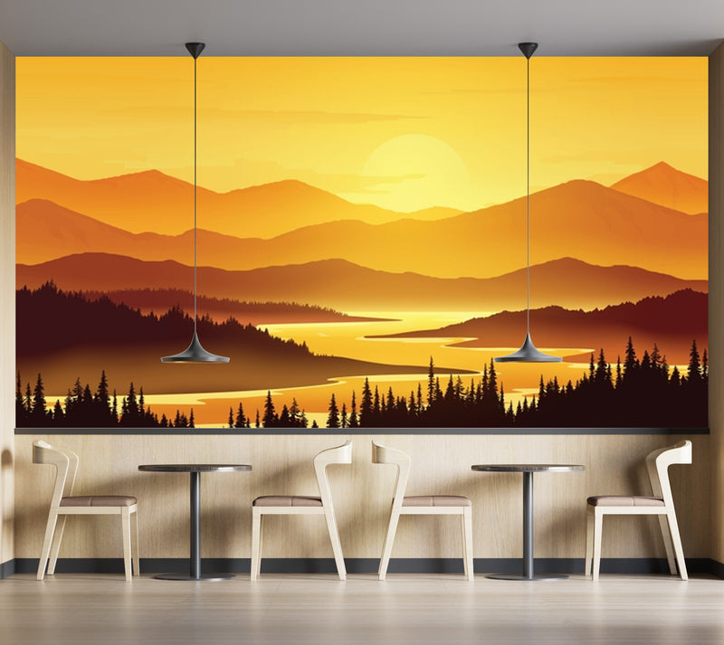 Customize Wallpaper Sketch Of Sunset In Mountain