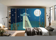 Space Car On Earth With Moon Self Adhesive Sticker For Wardrobe