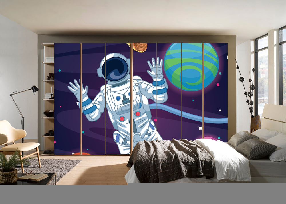 Astronout With Earth Art Self Adhesive Sticker For Wardrobe