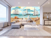 Blue Sea Sky Sailboats Seagulls Shells On Beach 3D Wallpaper In Neutral Shade