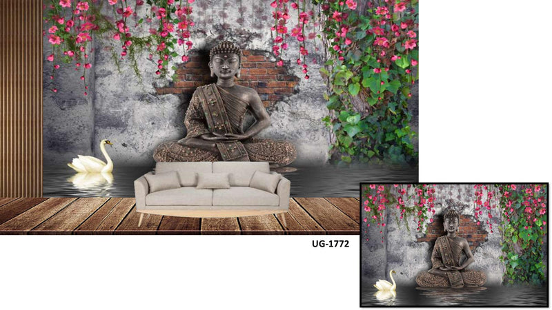 Lord Buddha Bricks Floral Wallpaper