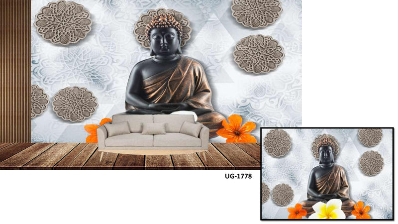 Lord Buddha Bronze Floral Work Wallpaper