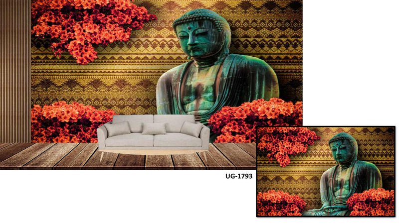 Lord Buddha Deep Red Floral Wallpaper