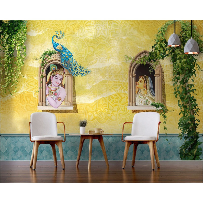 Radha Krishna At Window With Peacock wallpaper for wall