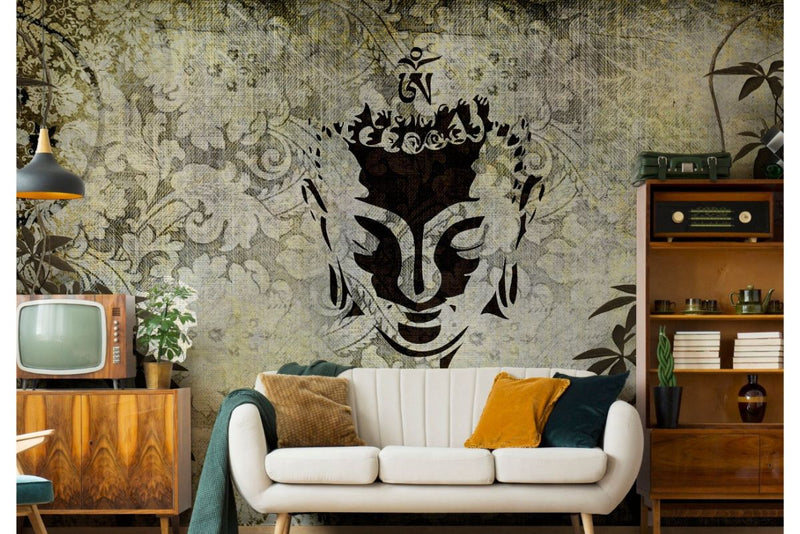 Black Stenciled Portrait On Printed Design Wall Wallpaper