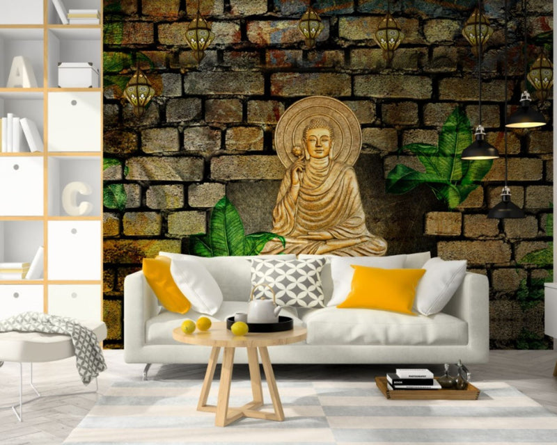 Buddha Sitting In Black & Gold Bricks Wallpaper for wall