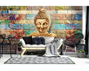 Gold Smiling Buddha & Multi-Color Bricks Wallpaper for wall