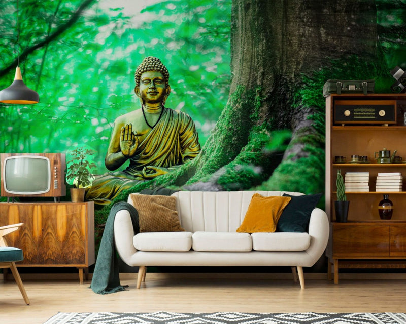Buddha Idol Ahead Of Leaves & Trees Wallpaper for wall