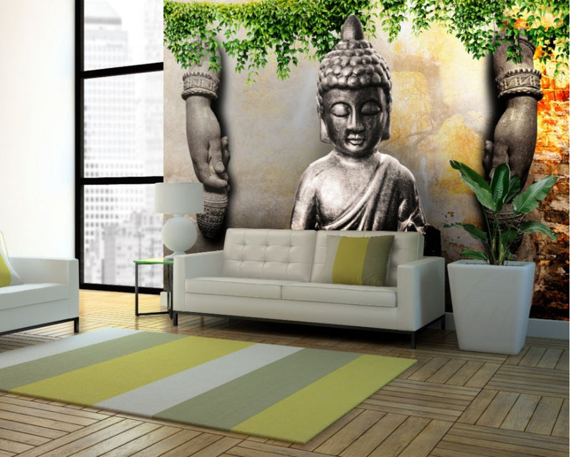 Vintage Hands , Buddha & Colorful Leaves Wallpaper for wall