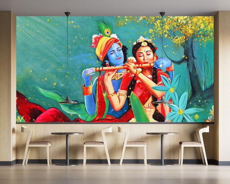 Radha Playing Flute With Krishna Wallpaper
