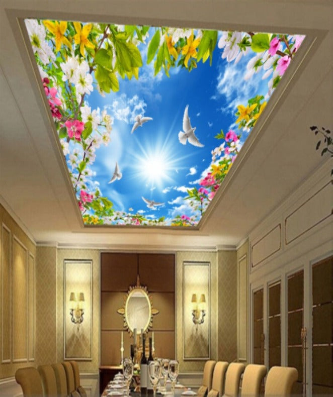Flower and Leaves Ceiling Wallpaper