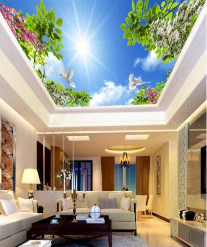 Green Leaves and Flowers Ceiling Wallpaper