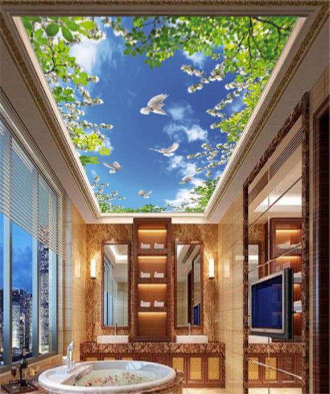 White Birds Ceiling Wallpaper