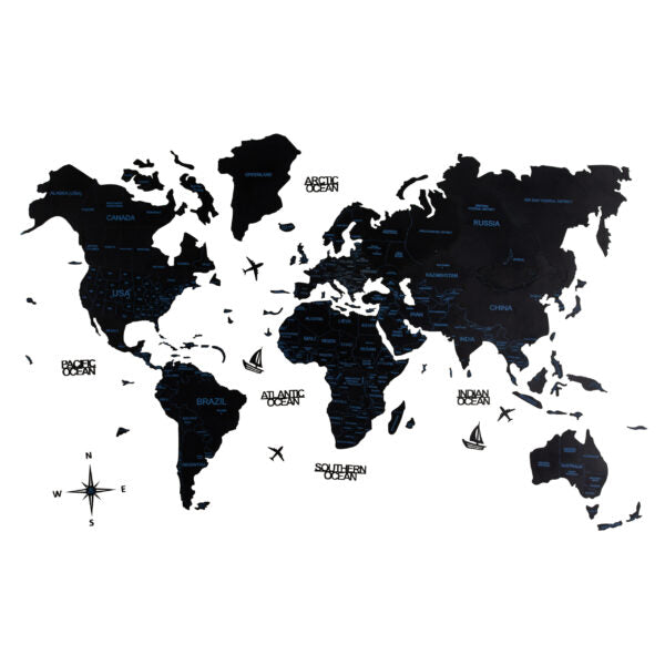 2D Wooden World Map Obisidian Black