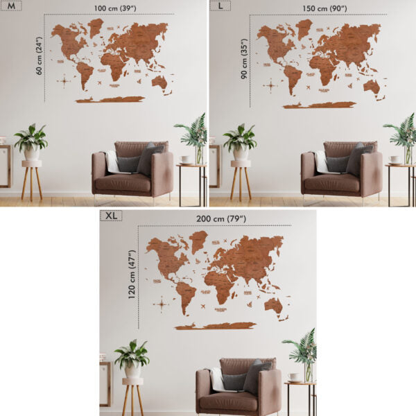 2D Wooden World Map Pecan